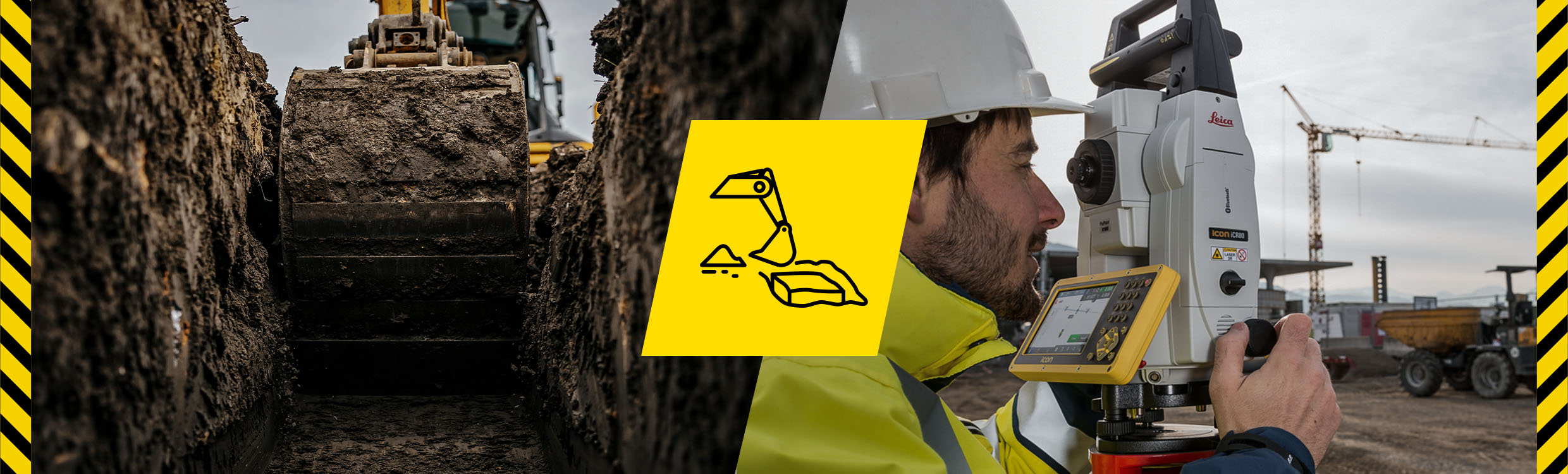 Solutions de construction Leica iCON pour terrassements montrant une pelle excavatrice et un ouvrier de chantier qui utilise une station totale robotisée Leica iCON.